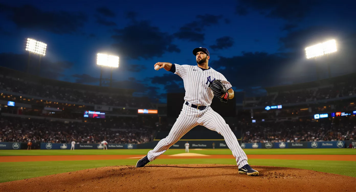 MLB starting pitcher mid wind-up under floodlights at a packed evening ballpark, evoking the data-led UK betting playbook