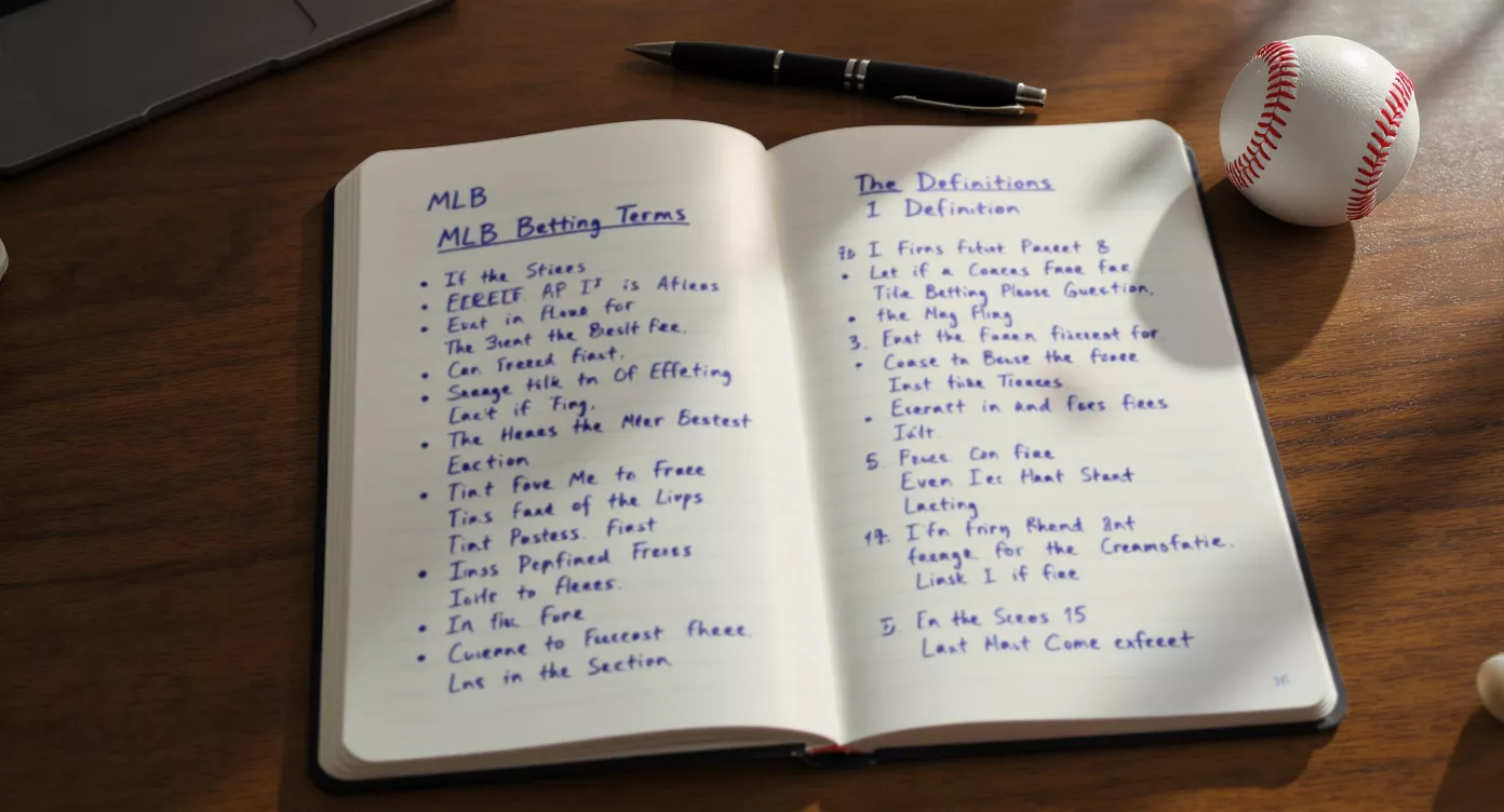 Open notebook with handwritten MLB betting terms and definitions beside a baseball on a wooden desk